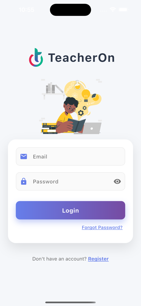 TeacherOn - TeacherOn app login screen featuring email and password fields and an illustration of a student studying.