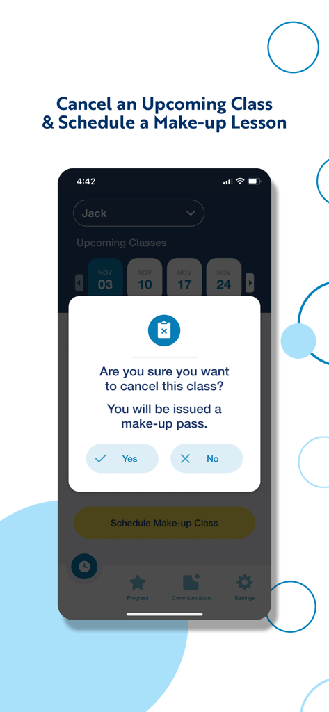 Aqua-Tots - Aqua-Tots app screen showing a confirmation pop-up to cancel a swim class and receive a make-up pass.