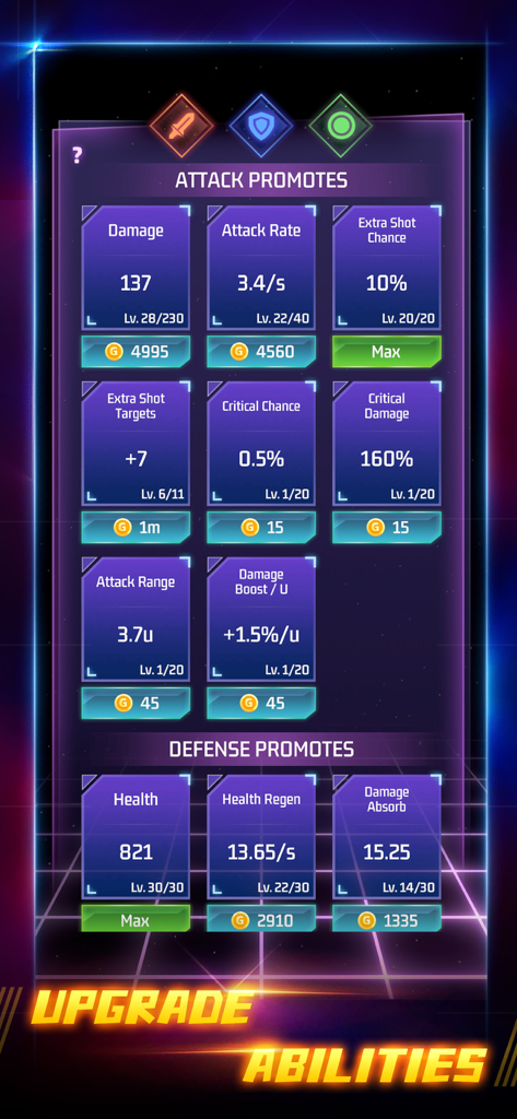 Space Tower - Galaxy Tower TD - Attack and defense ability upgrade menu in Space Tower Galaxy Tower TD