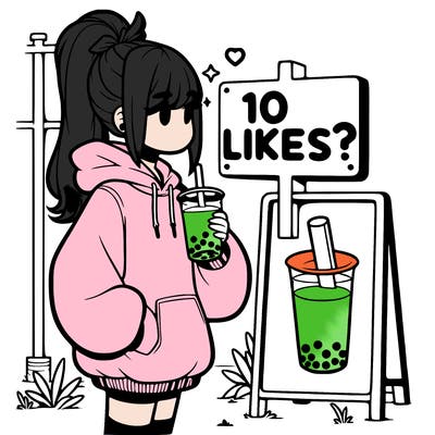 girl with oversized hoodie drinking boba and she has a high ponytail with a sign that says 10likes?