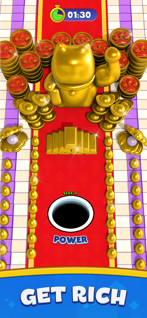 Hole Collect: Black Hole 3D - A black hole swallowing golden coins and statues on a red carpet in a 3D game environment
