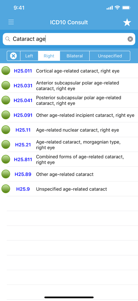 Search results for age-related cataract ICD-10 codes in the ICD10 Consult app
