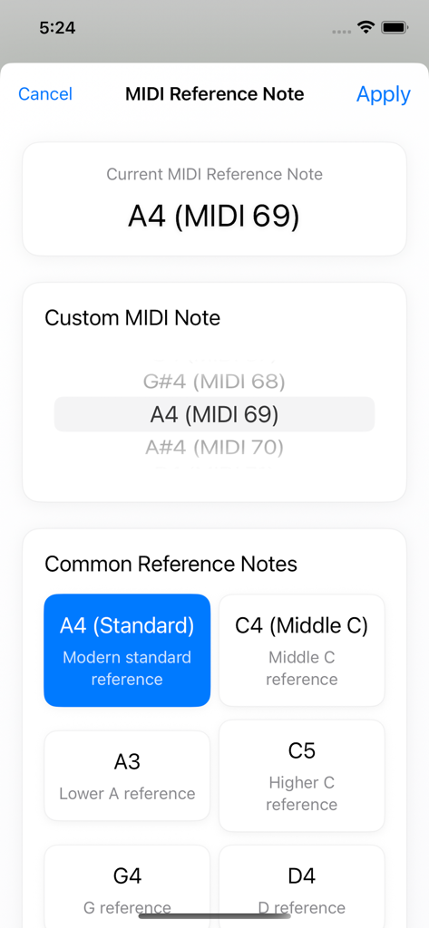 Fine Tuner - Interface for selecting common and custom MIDI reference notes in the Fine Tuner app