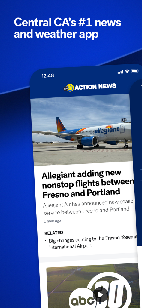 ABC30 Central CA - Interfaz de la aplicación móvil ABC30 Central CA que muestra noticias locales y marca del tiempo.