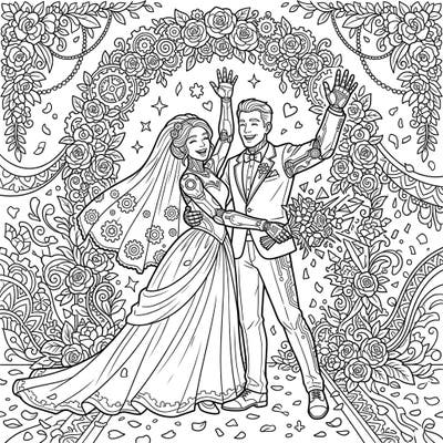 Step into a truly unique celebration with this captivating Bionic Athletes Wedding coloring page. Immerse yourself in a futuristic romance as a cybernetically enhanced bride and groom tie the knot amidst elegant floral and mechanical designs.
