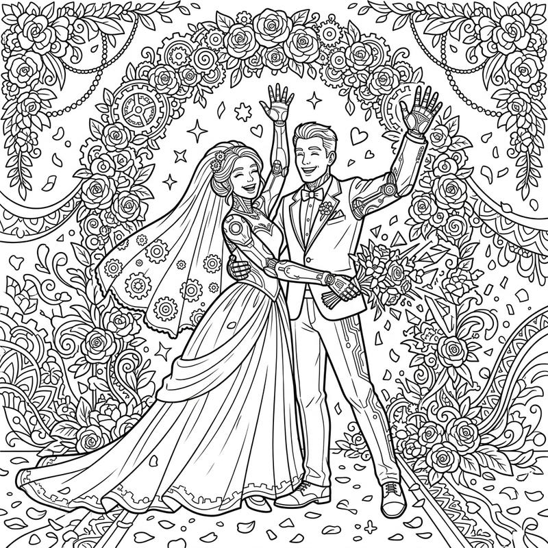 Step into a truly unique celebration with this captivating Bionic Athletes Wedding coloring page. Immerse yourself in a futuristic romance as a cybernetically enhanced bride and groom tie the knot amidst elegant floral and mechanical designs.