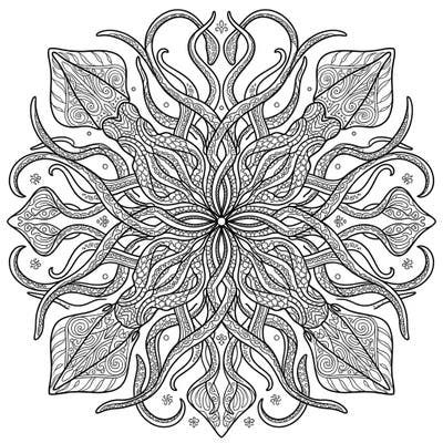 Explore the depths of your imagination with this stunning Bigfin Squid Mandala coloring page. Its intricate radial design, featuring the unique long tentacles and fins of the deep-sea creature, offers a truly mesmerizing and relaxing coloring experience.