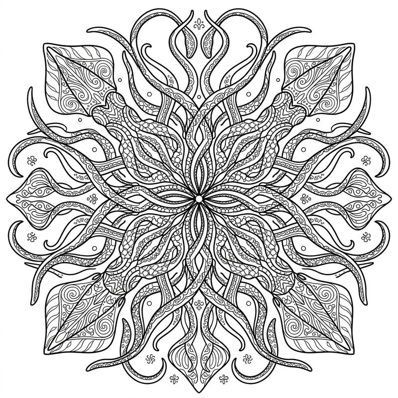 Explore the depths of your imagination with this stunning Bigfin Squid Mandala coloring page. Its intricate radial design, featuring the unique long tentacles and fins of the deep-sea creature, offers a truly mesmerizing and relaxing coloring experience.