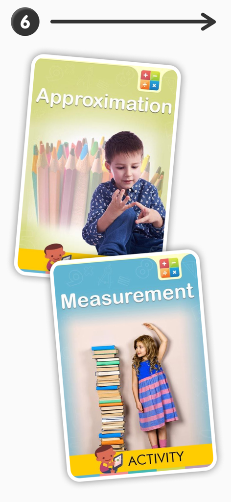 Educational activity cards for approximation and measurement topics in the 1st Grade Math Learning App