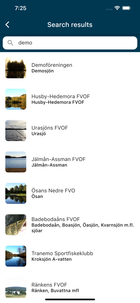 iFiske - Fishing Permits - Search results screen in the iFiske app showing a list of fishing areas in Sweden with names and thumbnail photos.