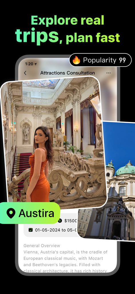 JourneyCo app interface showing travel information and attraction details for Vienna Austria