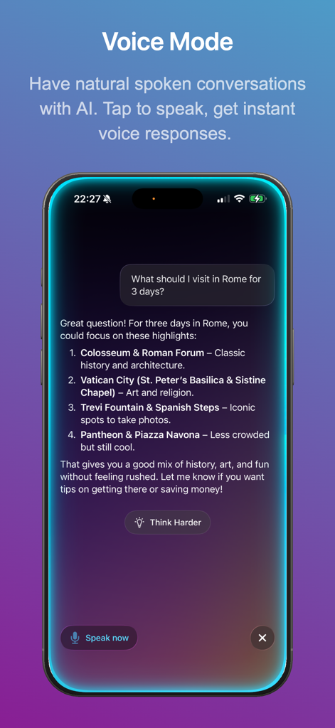 Solair AI - Local AI - Solair AI app Voice Mode screen showing a travel recommendation chat on iPhone