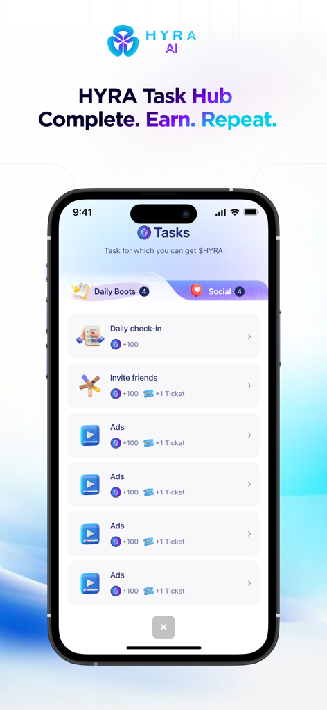 HYRA AI - AI on Edge Computing - HYRA AI mobile app screen showing available tasks to earn rewards like daily check-ins and invitations