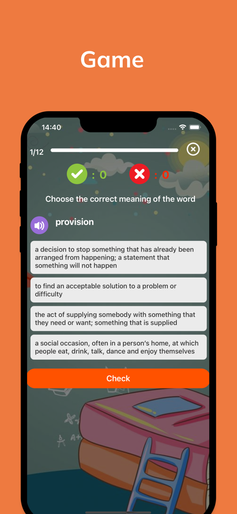 3000 Core English Vocabulary - A mobile app interface showing a multiple choice game to learn the meaning of the English word provision
