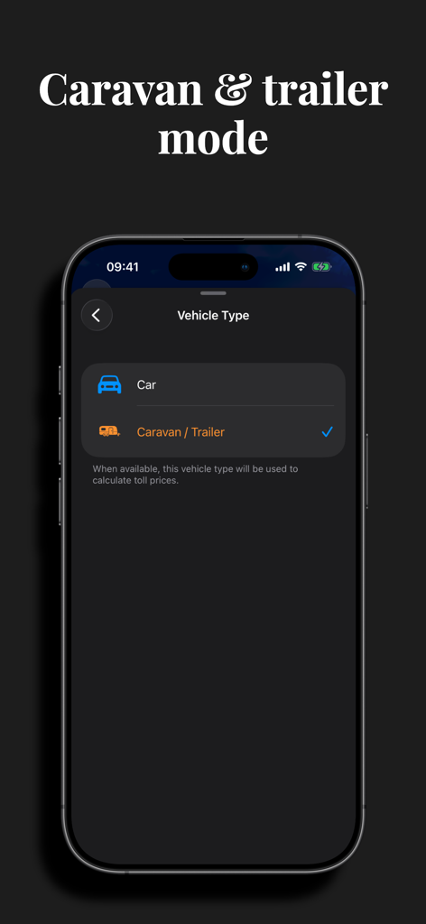 EuroTolls app vehicle type selection screen showing caravan and trailer mode
