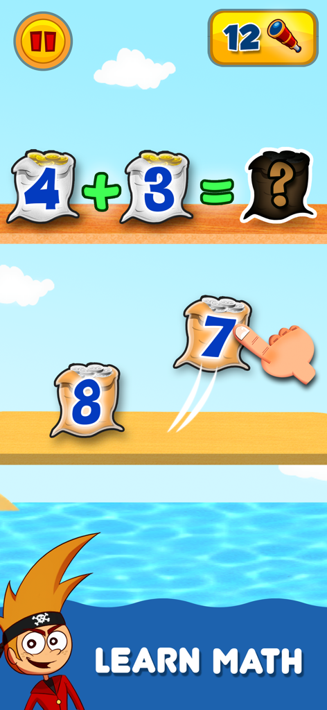 Math Land: Addition Games Kids - A child solving an addition problem by dragging a numbered coin bag in the Math Land pirate game