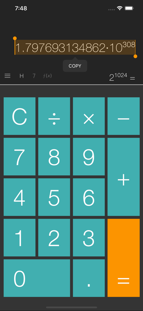 Calcy - Calculator App - Interface of Calcy calculator app showing a scientific notation result with a copy button option