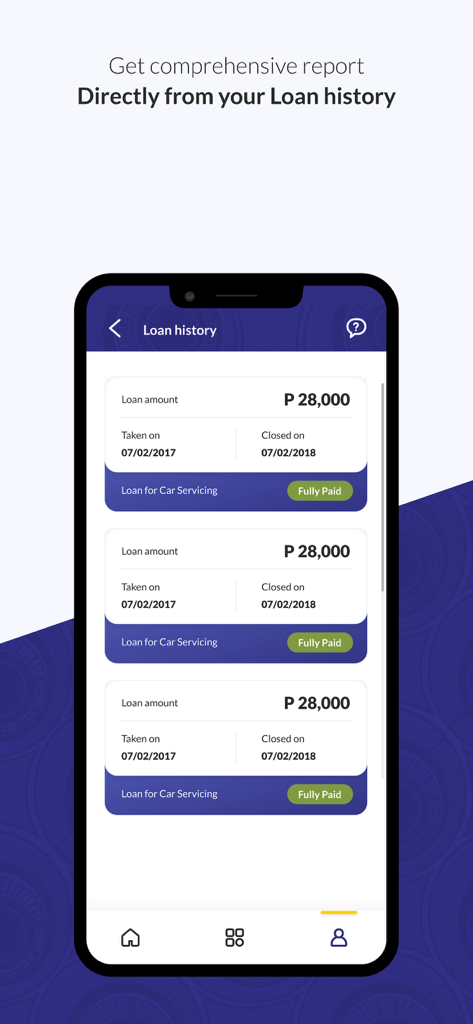 LetsGo Powered by Letshego - LetsGo app interface showing a list of previous loans with a fully paid status.