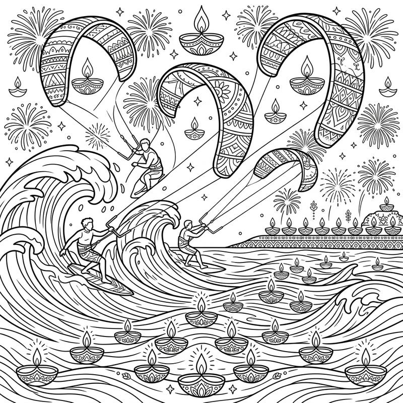 Experience the thrill of kitesurfing merged with the radiant beauty of Diwali in this unique coloring page. Watch as athletes conquer waves under a sky illuminated by fireworks and traditional diyas.