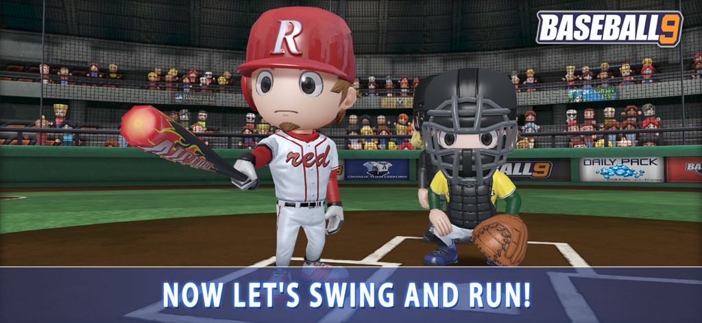 BASEBALL 9 - BASEBALL 9のホームプレートに立つ、炎のバットを持つ様式化された野球の打者とキャッチャー。