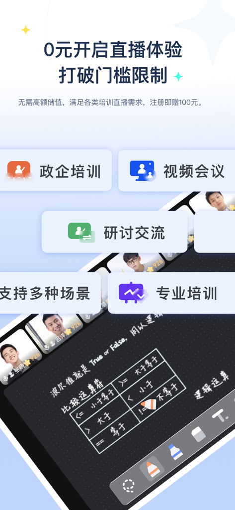 Metcom Cloud Live interface showing interactive digital whiteboard for online education and corporate training scenarios