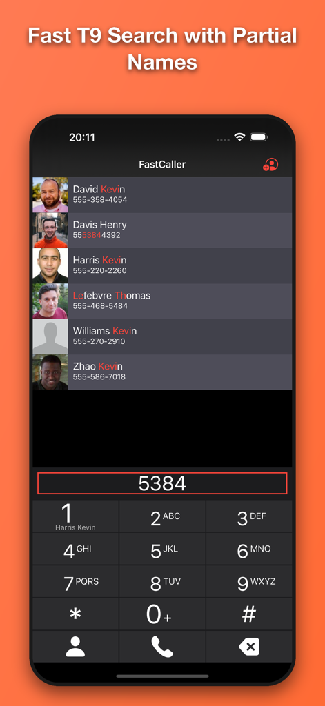 FastCaller - FastCaller app interface showing T9 smart contact search results for quick dialing
