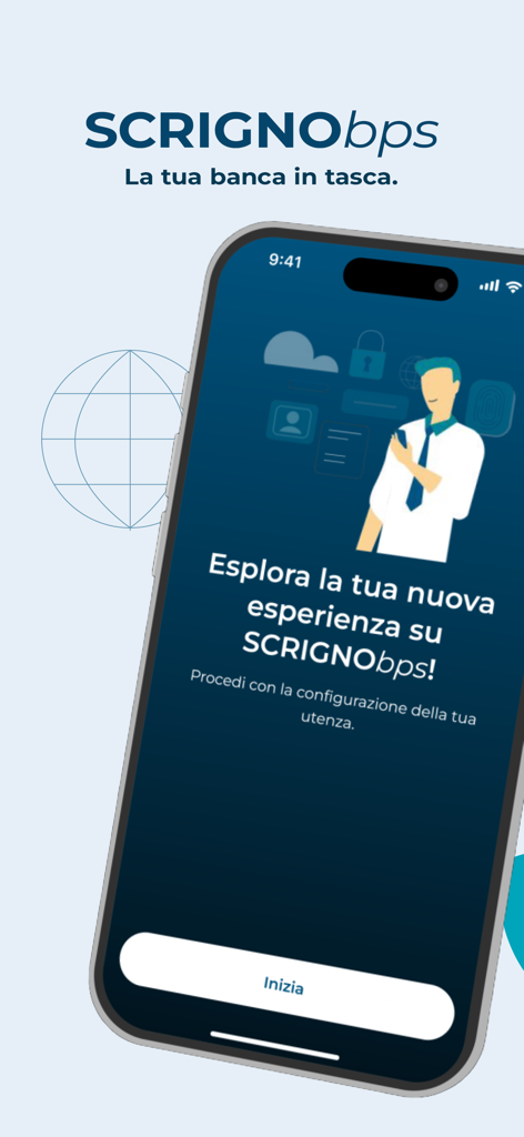 The welcome screen of the SCRIGNObps mobile banking app by Banca Popolare di Sondrio featuring an onboarding message and start button.