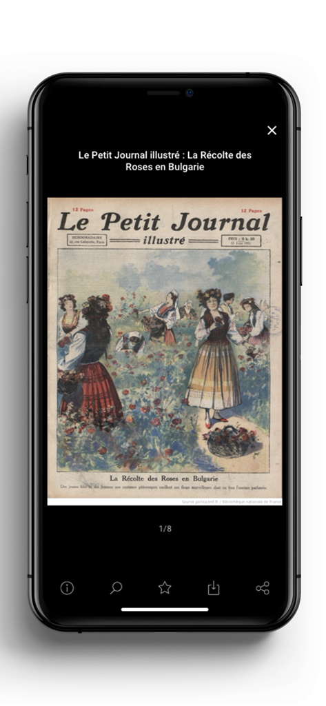 Gallica - Screenshot of the Gallica app displaying a digitized page of Le Petit Journal illustre showing rose harvesting in Bulgaria