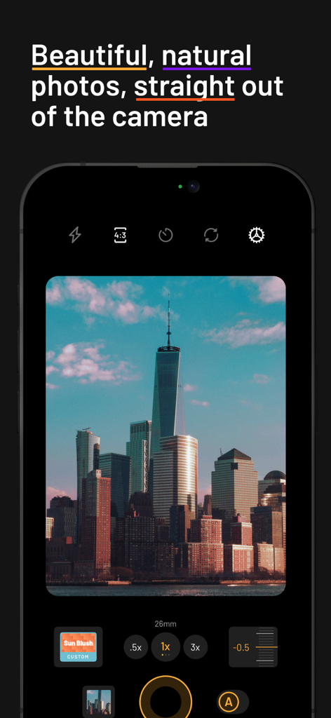 mood.camera - A smartphone interface showing the mood.camera app capturing a film-style photo of a city skyline including One World Trade Center.