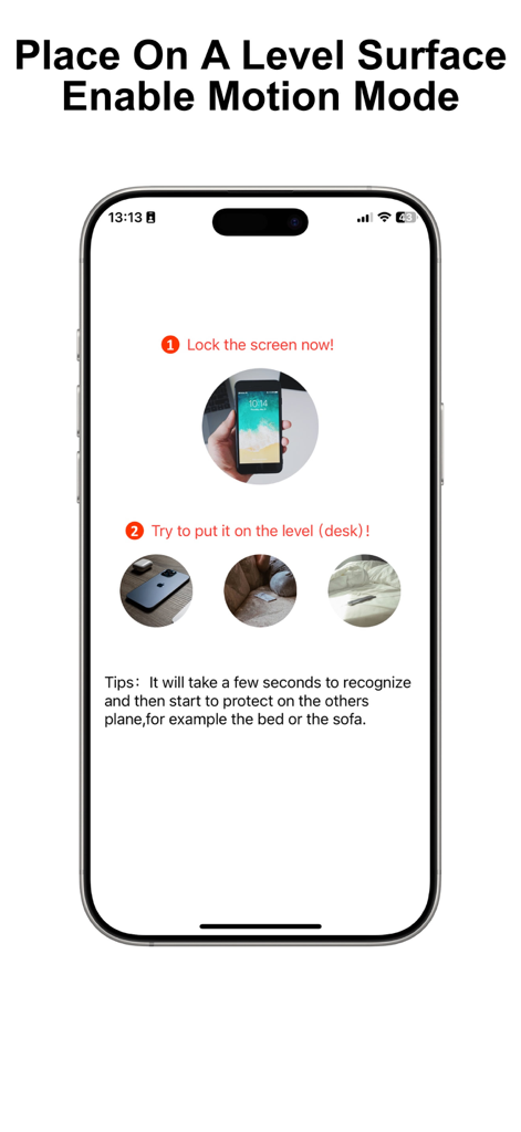 Anti Theft Alarm:SecurityAlarm - Tela de configuração para o aplicativo Alarme Antifurto mostrando instruções para habilitar o Modo de Movimento colocando o dispositivo em uma superfície nivelada.