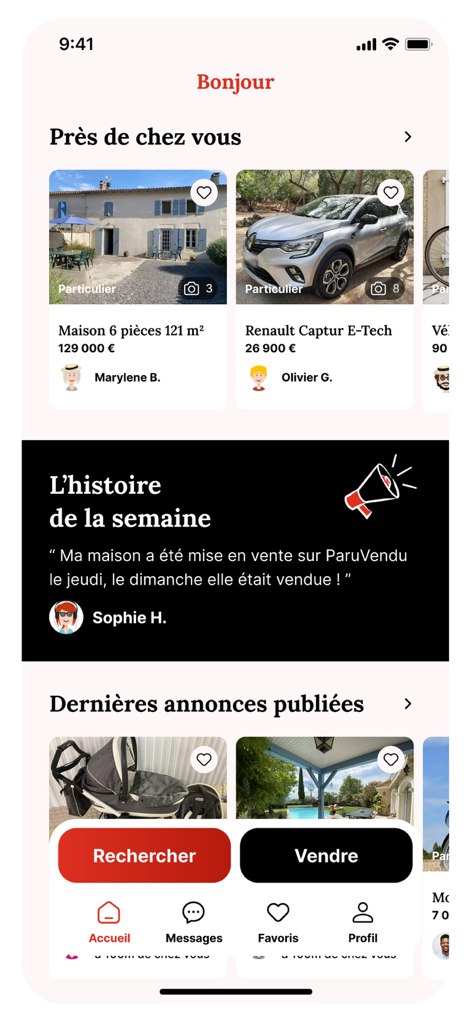 Pantalla de inicio de la aplicación móvil ParuVendu que muestra anuncios clasificados de casas y coches en francés