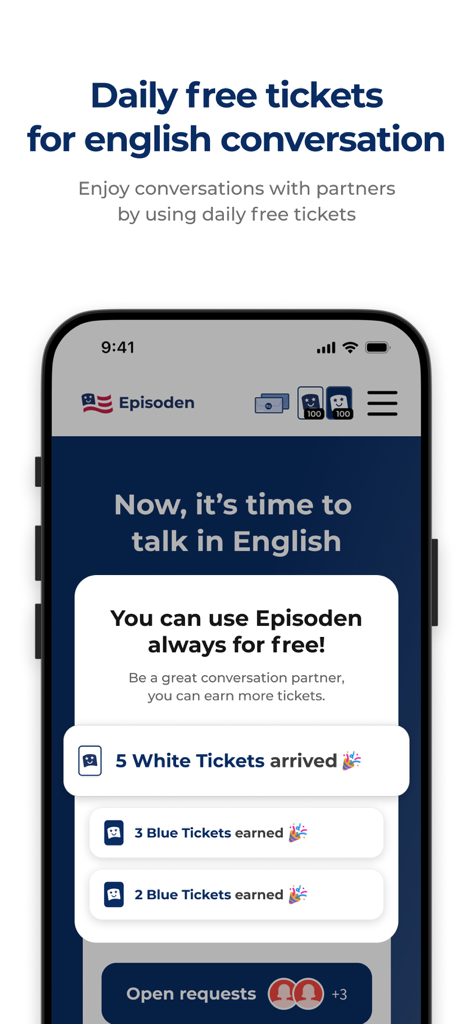 Tela do aplicativo Episoden exibindo notificações de ingressos gratuitos de conversação em inglês ganhos