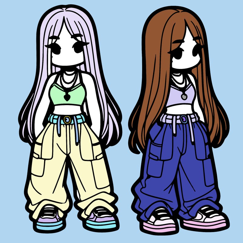 girl in baggy pants crop top and long hair