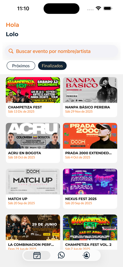 All Tickets App - Mobile interface of All Tickets App displaying a feed of upcoming concert and festival events