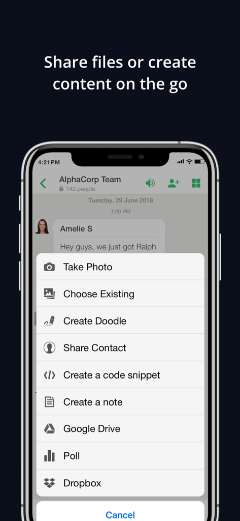 Flock: Team Communication App - Flock mobile app showing a menu for sharing files and creating content like notes or polls on the go
