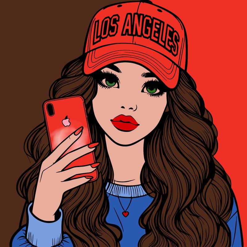 realistic beautiful girl wearing los ángeles cap holding an iphone