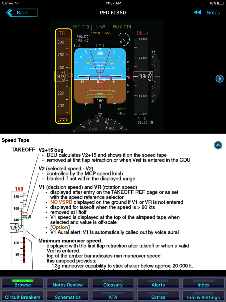 B737 Cockpit Companion - B737 Cockpit Companion app showing a Primary Flight Display and detailed Speed Tape technical reference