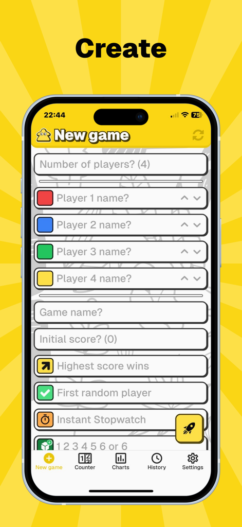 MyScoreTracker – Score Counter - MyScoreTracker app screen for setting up a new game with multiple players and customized rules