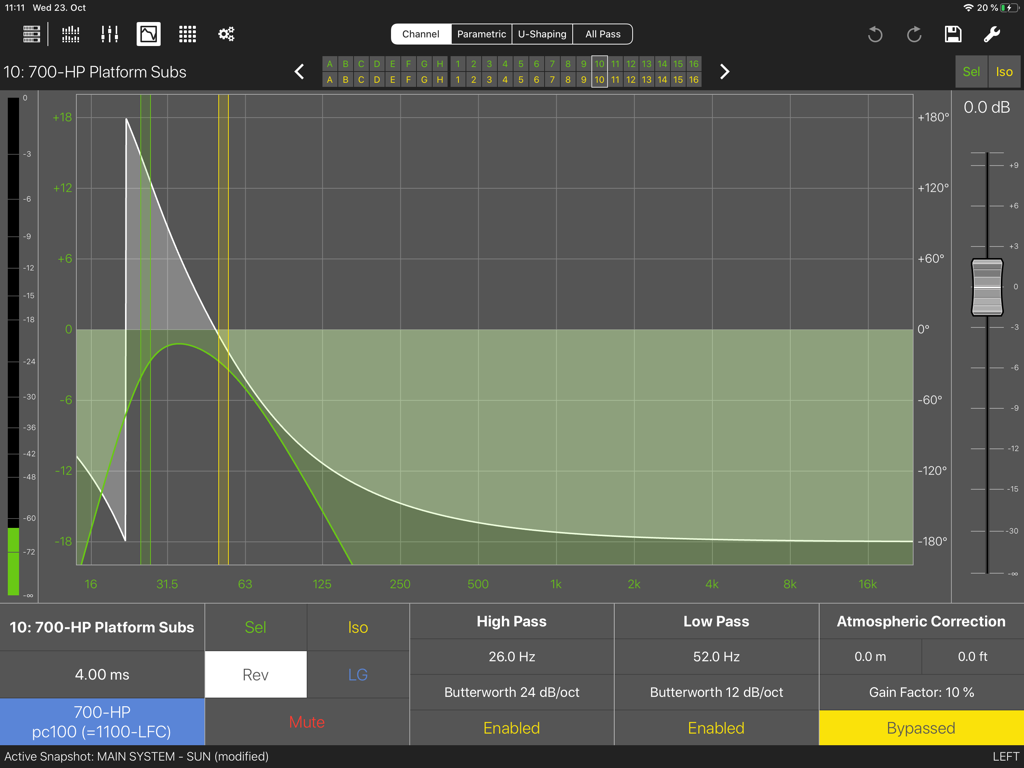 Compass Go by Meyer Sound - Compass Go by Meyer Sound app interface showing audio filter settings and frequency response graph