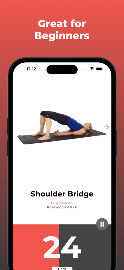 30 Day Pilates Challenge - Demostración del ejercicio del puente de hombros en la aplicación móvil Reto de Pilates de 30 Días