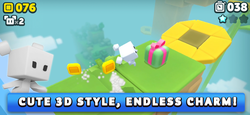 Suzy Cube Halfbrick+ - Personaje cúbico blanco saltando sobre plataformas verdes en un vibrante mundo 3D con monedas de oro