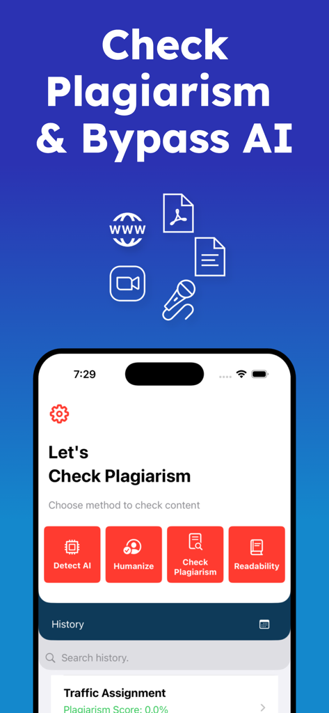 Plagiarism Checker - Detect AI - Panel de la aplicación móvil para Detector de Plagio y Detecta IA que muestra herramientas para detección de IA, humanización de texto y verificación de plagio