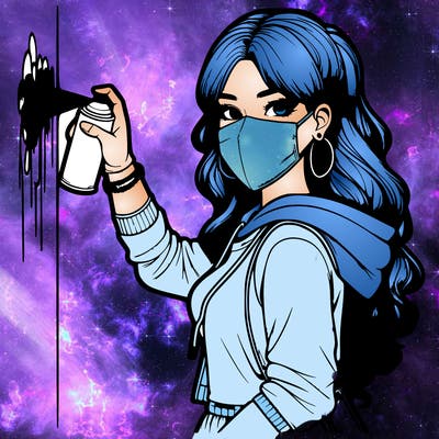 realistic girl with mask spray painting a wall