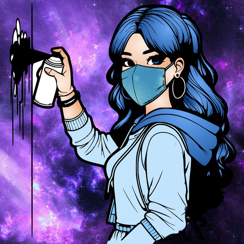 realistic girl with mask spray painting a wall