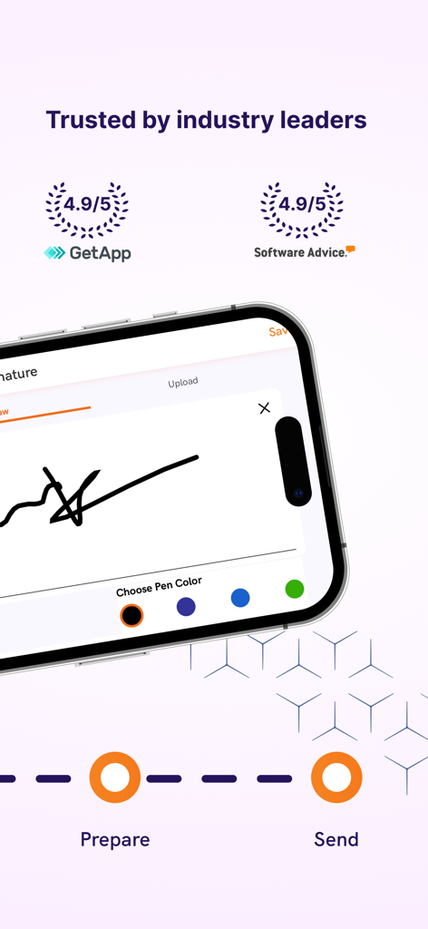 Foxit eSign - A smartphone displaying the Foxit eSign app with a signature on screen and high industry ratings.