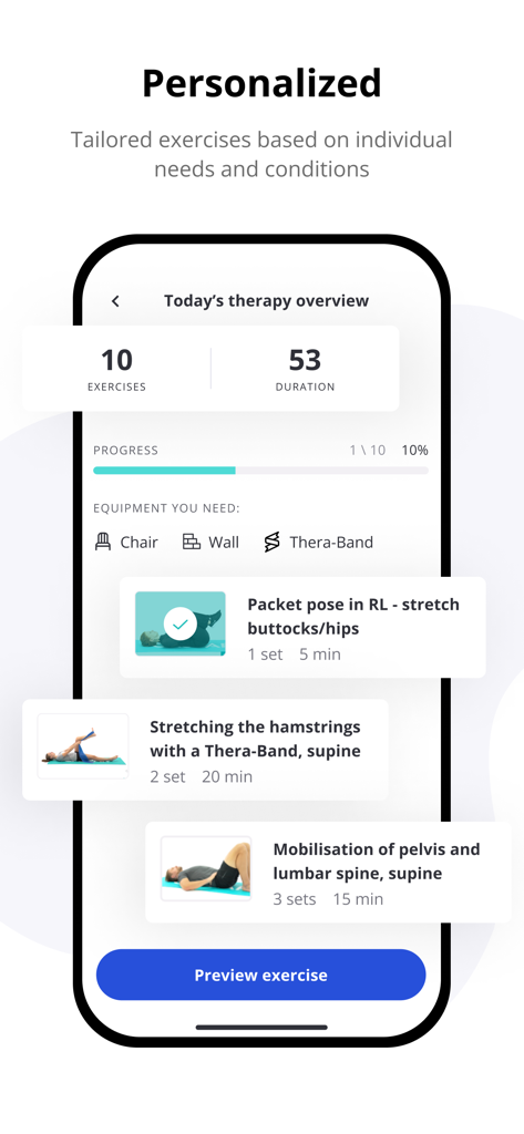 Caspar Health App-Bildschirm, der eine personalisierte tägliche Therapieübersicht mit spezifischen Rehabilitationsübungen anzeigt.