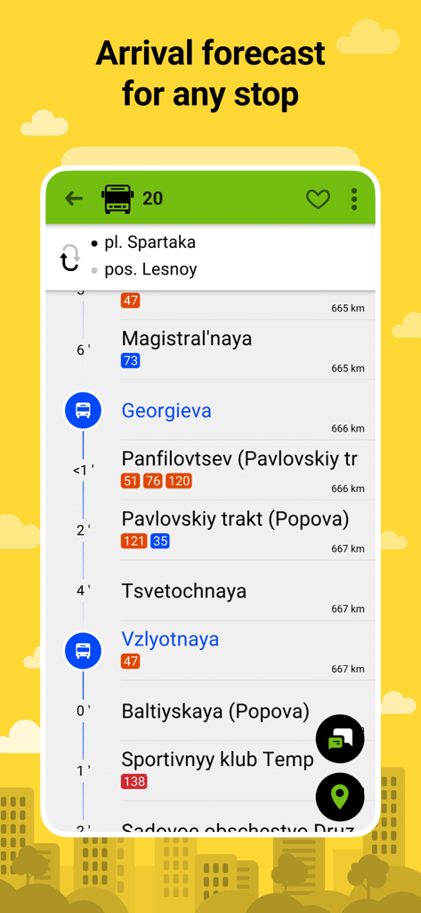 Bustime: Transport online - Bustime app screen showing real time bus arrival forecasts and stop names for a specific transit route