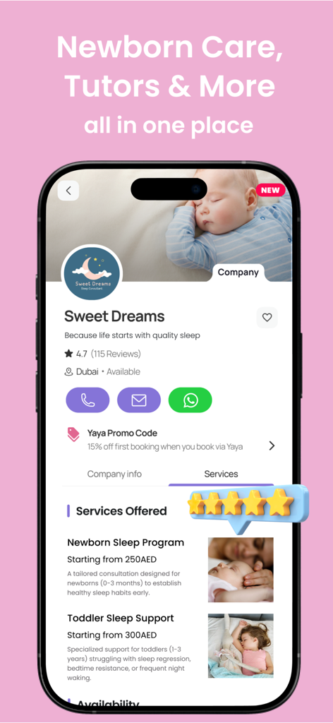 Yaya: Find a Nanny - 新生児および幼児の睡眠サポートサービスに特化したYayaアプリのプロバイダープロフィール。