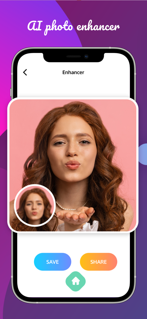 AI photo enhancer tool transforming a blurry selfie into a high-resolution portrait
