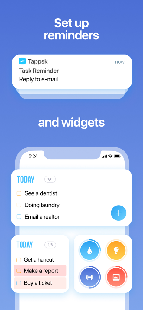 Tappsk app screenshot showing task reminders and habit tracking widgets.